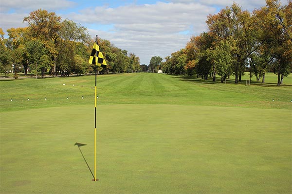 Lincoln Golf Course fairway in autumn, lined with mature trees